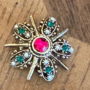 Vintage Victorian Floral Brooch with Red and Green Faux Gems and Seed Pearls